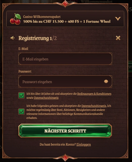 Registrierungsformular im CrazyTower Casino